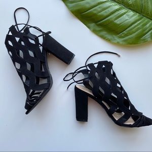 Faux Suede Black Zigzag Cutout Strappy Heels Rue21